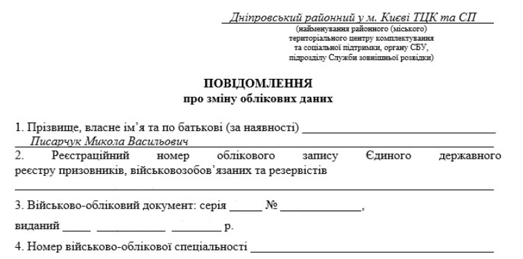 Документи для повідомлення про зміну облікових даних призовника, військовозобов’язаного та резервіста