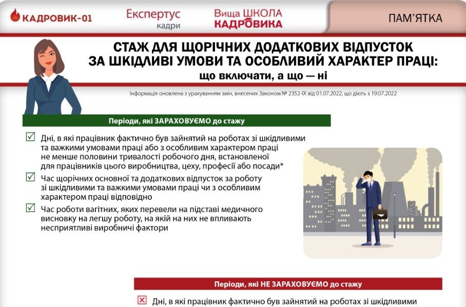 Стаж для щорічних додаткових відпусток за шкідливі умови та особливий характер праці