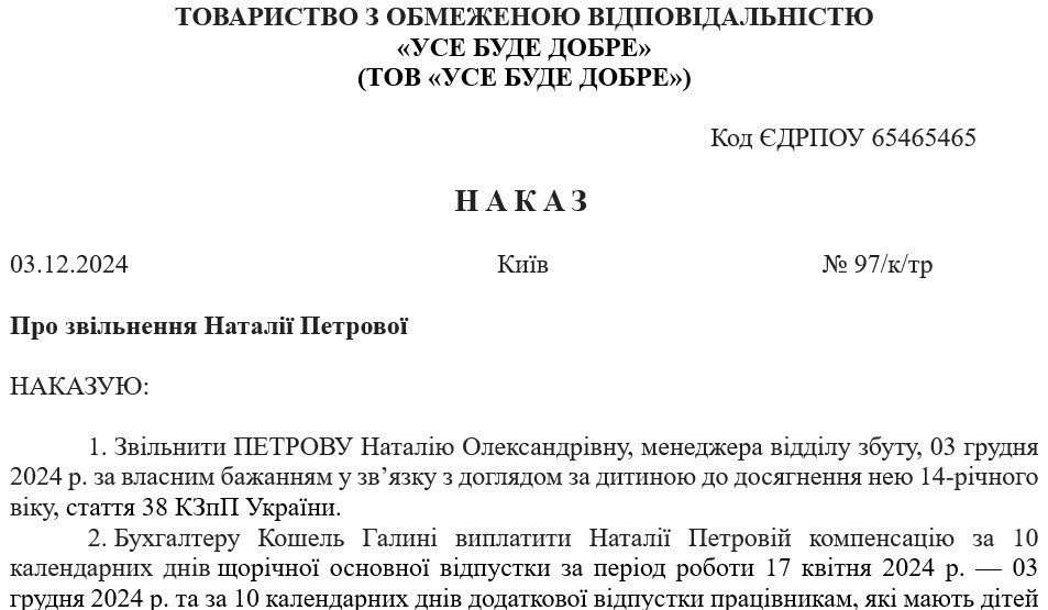 Образец приказа об увольнении работника по собственному желанию