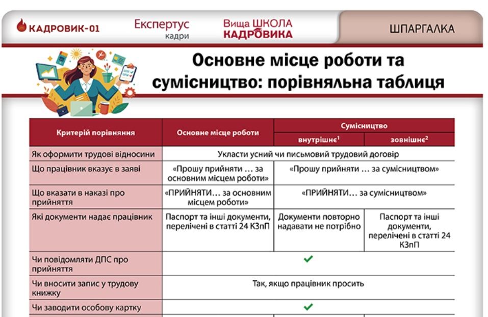 Основне місце роботи та сумісництво: порівняльна таблиця