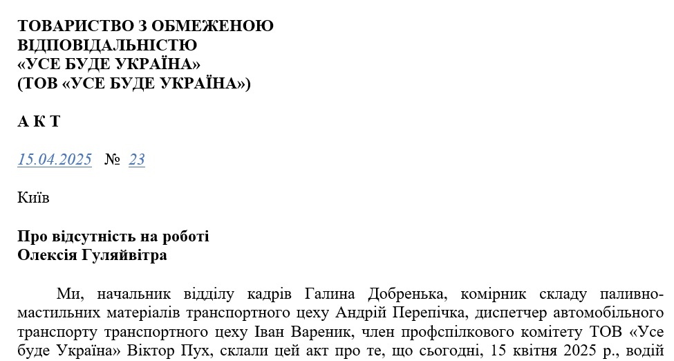 Акт про відсутність працівника на роботі