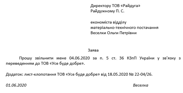 Заява на звільнення: зразки