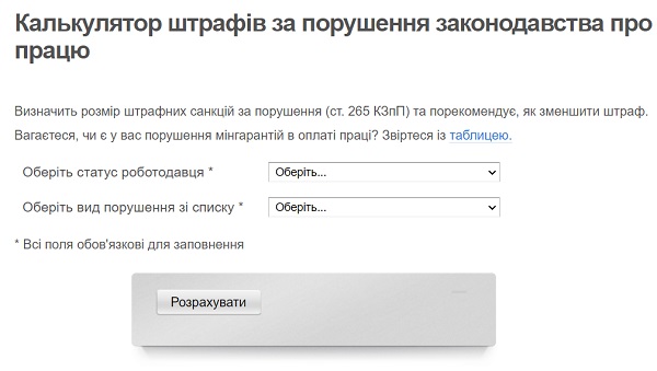 Калькулятор штрафів за порушення законодавства про працю