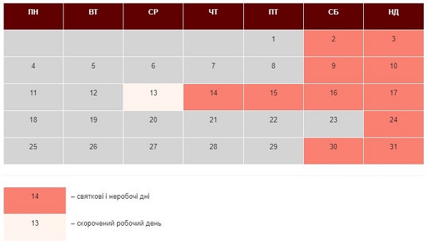 Святкові та вихідні дні у жовтні 2021 року