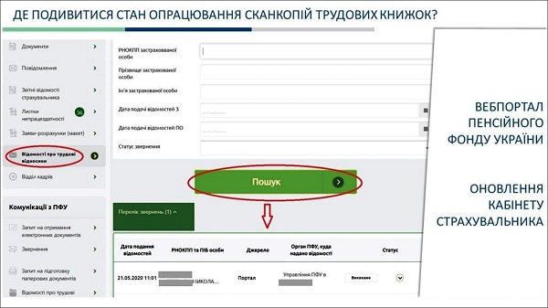 Чи змінюється статус на вебпорталі в кабінеті страхувальника, коли ПФУ опрацює скан трудової книжки