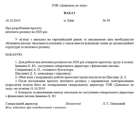 Приказ о введении нового штатного расписания образец