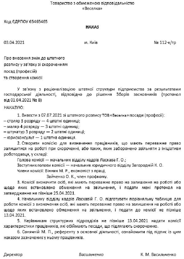 Приказ о внесении изменений в штатное расписание в рб образец