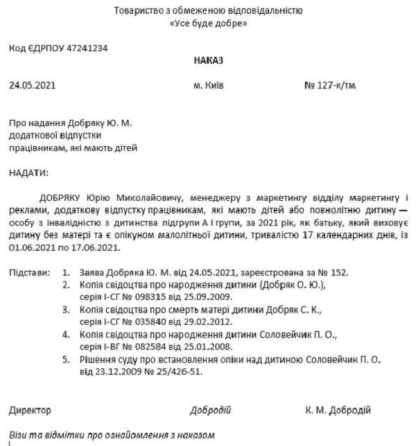 Наказ про додаткову відпустку на дітей одинокому батьку