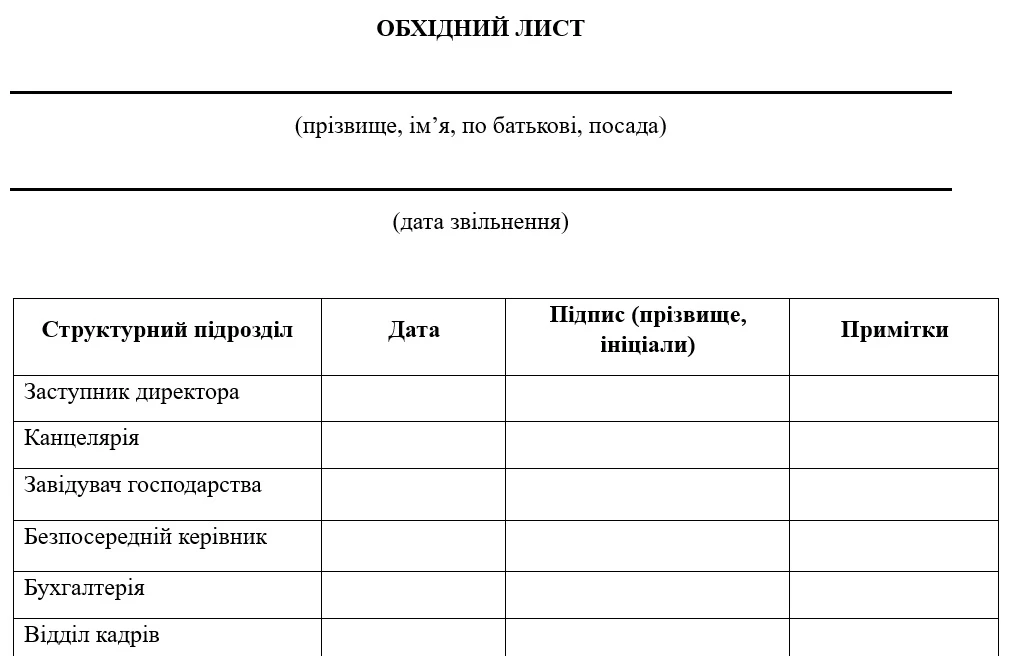 Обхідний лист при звільненні працівника: зразок