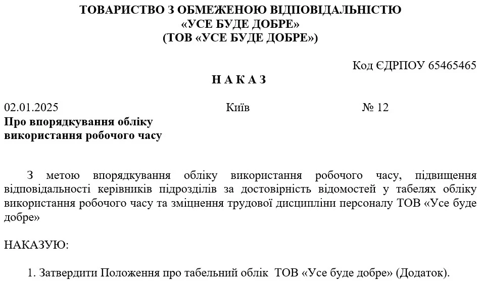 Наказ про затвердження положення про облік використання робочого часу