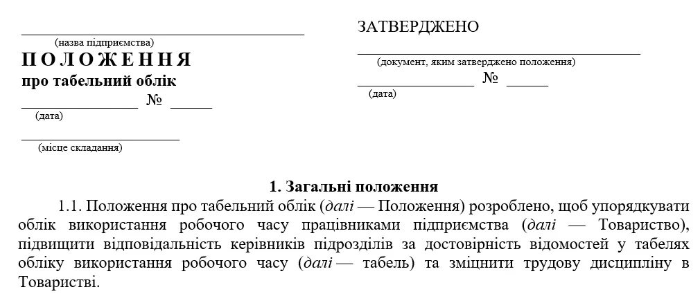 Наказ про затвердження положення про облік використання робочого часу