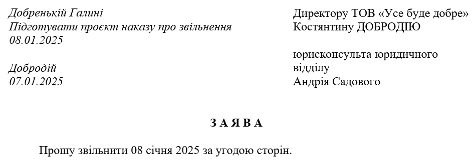 Зразок заяви про звільнення за згодою сторін