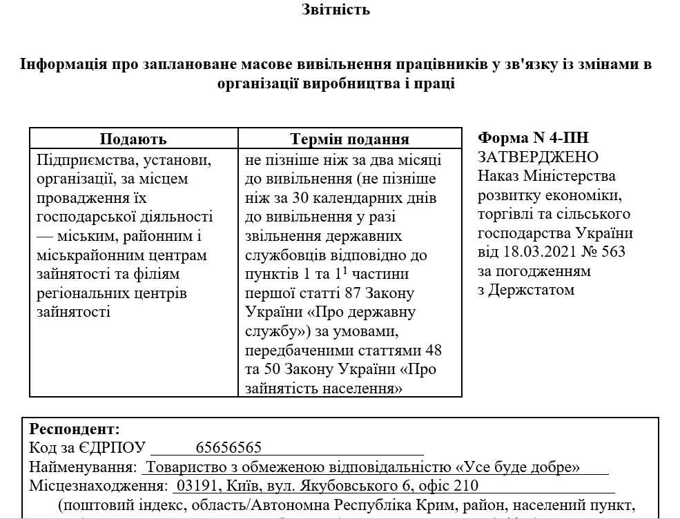 Зразок заповнення Звіту № 4-ПН
