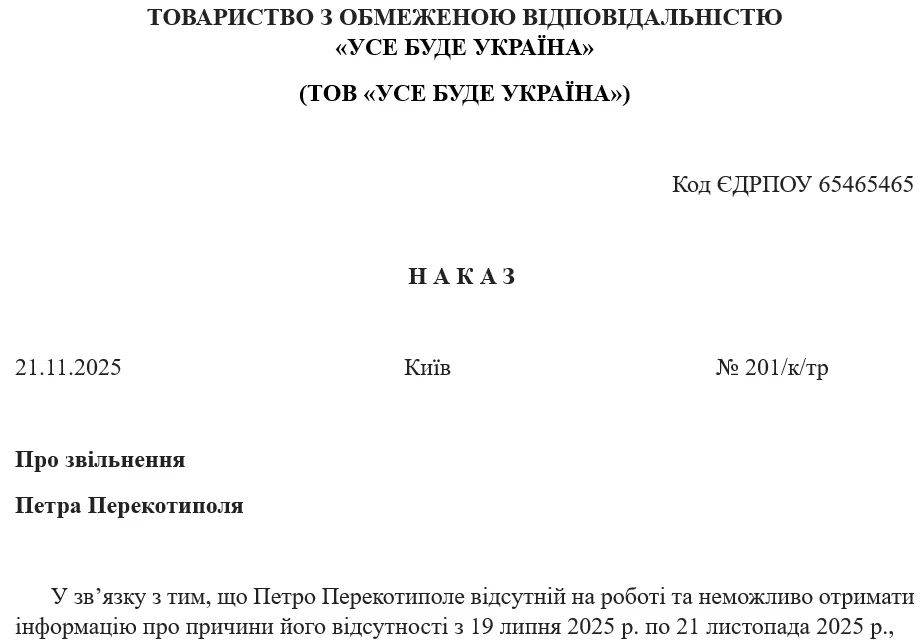 Наказ про звільнення працівника через тривалу відсутність на роботі