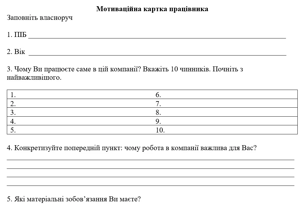 Мотиваційна картка працівника