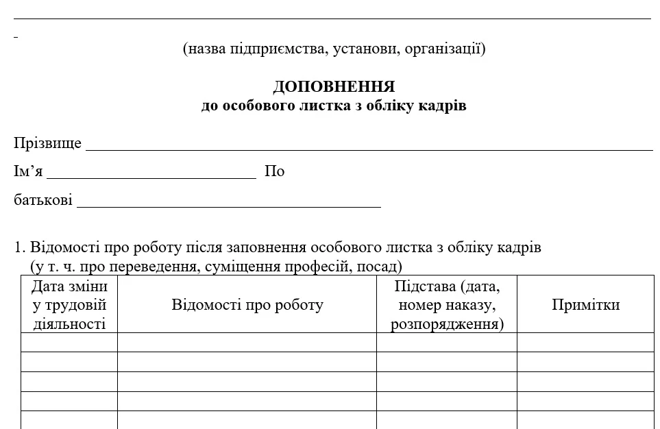 Доповнення до особового листка з обліку кадрів