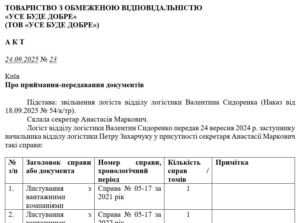 Зразок Акту приймання-передавання документів
