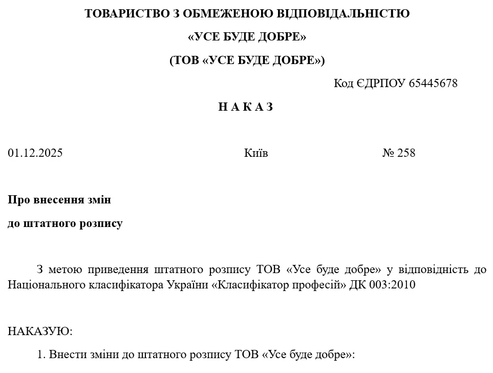 Зразок наказу про внесення змін до штатного розпису у зв’язку із зміною назви посади