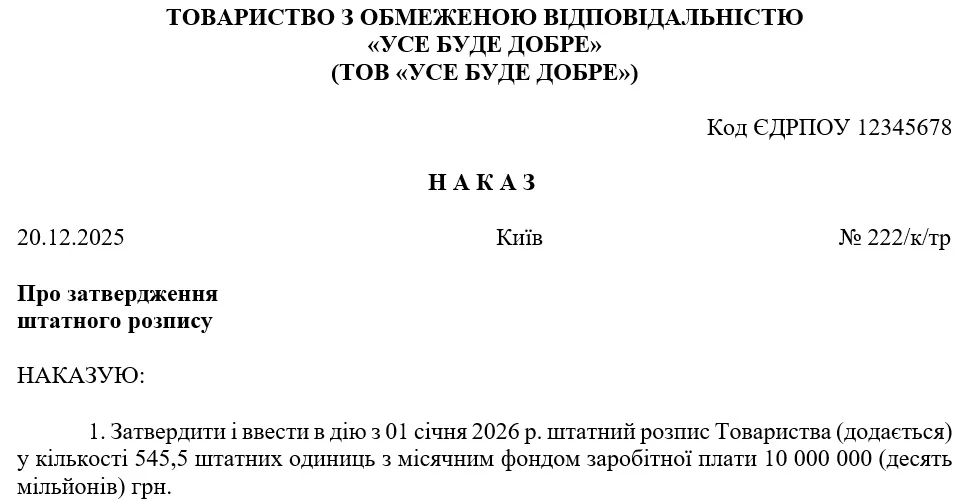 Наказ про затвердження штатного розпису 2026