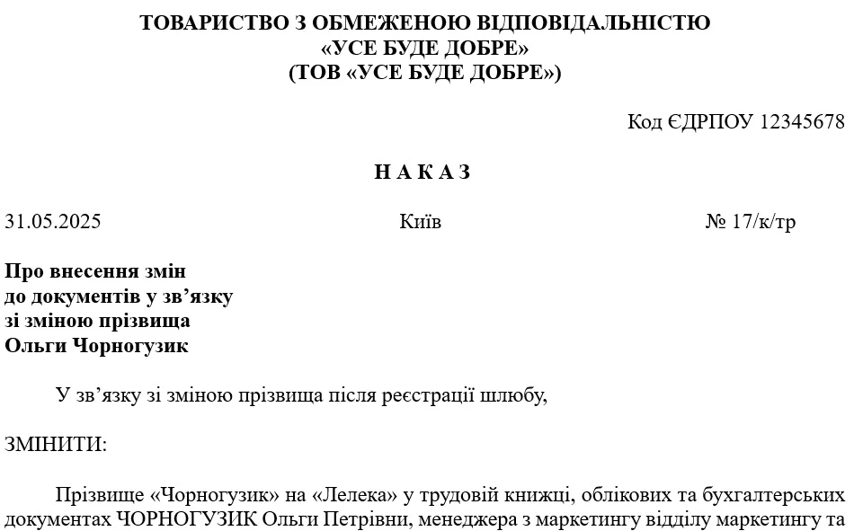 Наказ про внесення змін до трудової книжки
