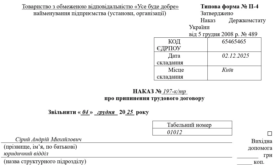 Приказ об увольнении по соглашению сторон (по типовой форме П-4)