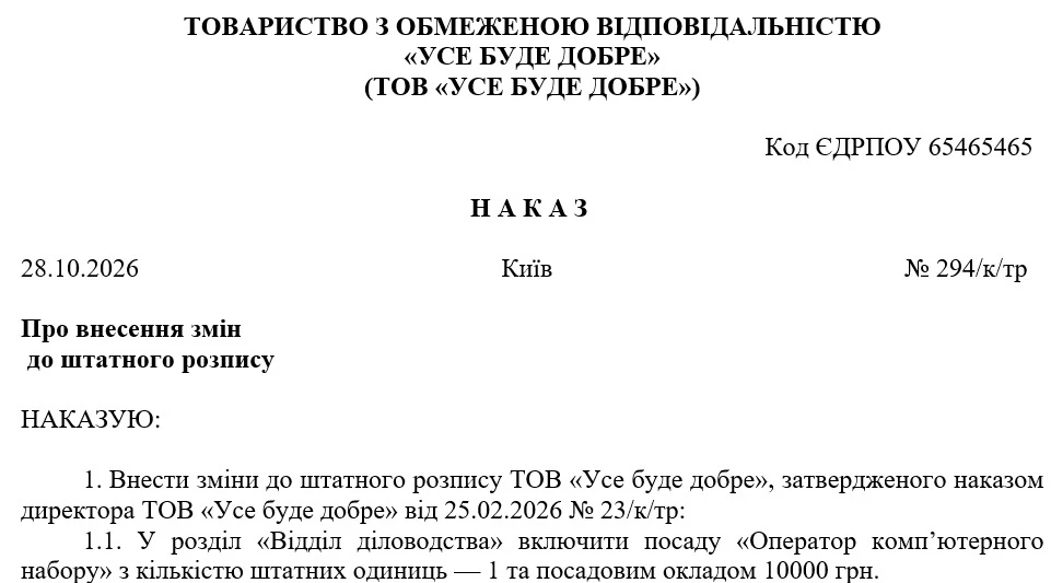 Зразок наказу про введення посади до штатного розпису