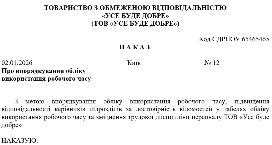Наказ про затвердження положення про облік використання робочого часу