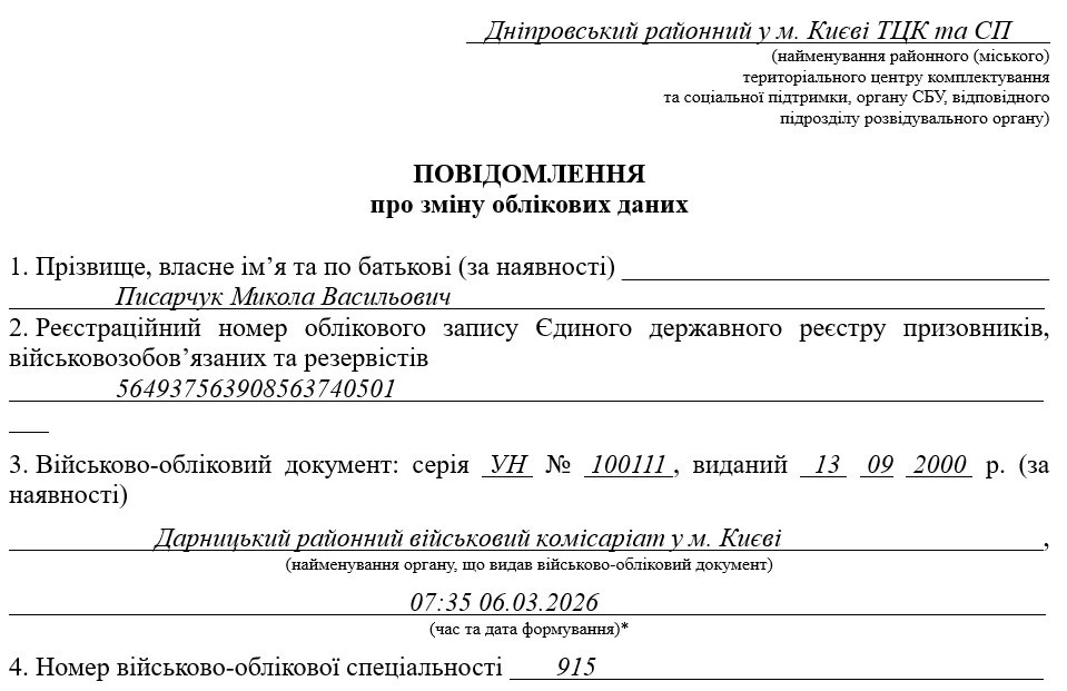 Повідомлення про зміну облікових даних зразок