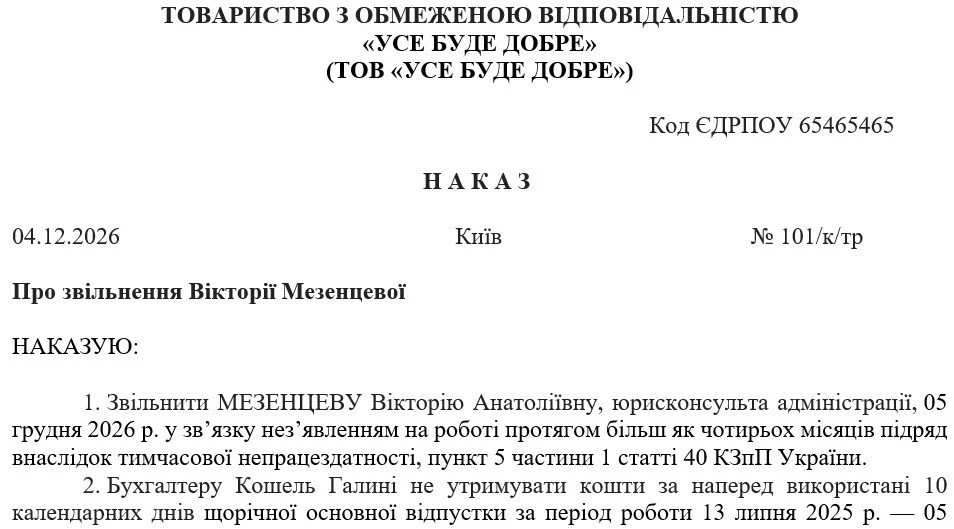 Зразок наказу про звільнення з ініціативи роботодавця (у зв’язку з нез’явленням на роботу протягом більш як чотирьох місяців поспіль внаслідок тимчасової непрацездатності)