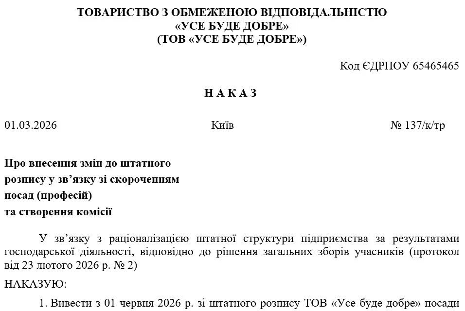 Наказ про зміни до штатного розпису та створення комісії