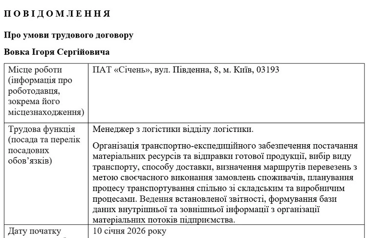Зразок повідомлення працівника про умови трудового договору 2026