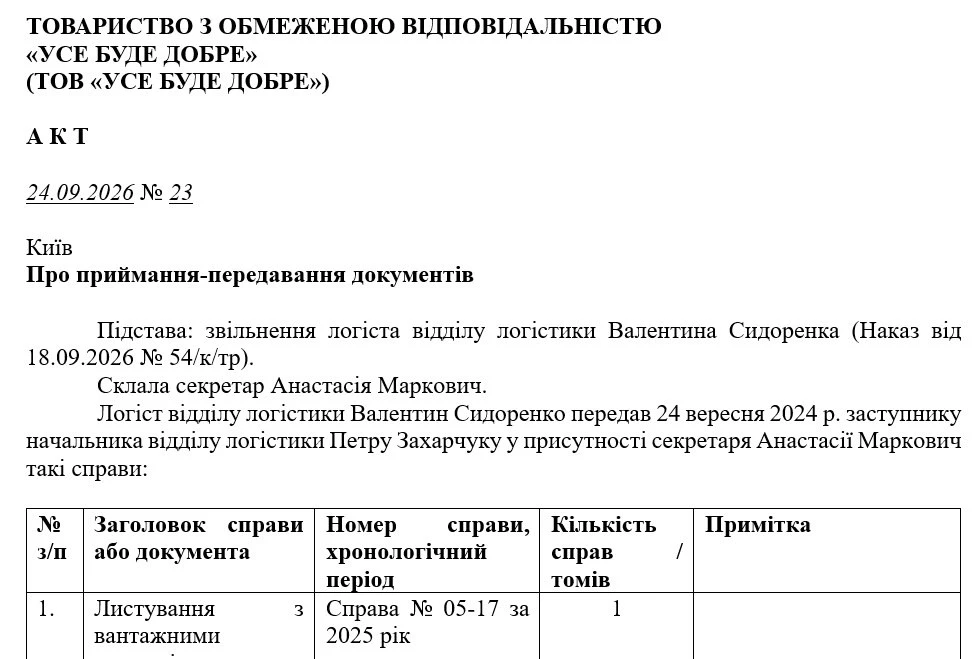 Зразок Акту приймання-передавання документів