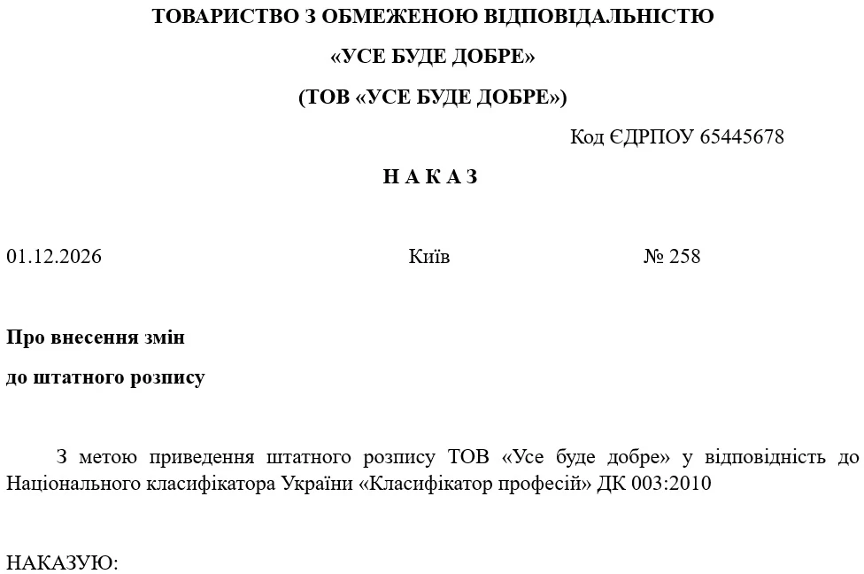 Зразок наказу про внесення змін до штатного розпису у зв’язку із зміною назви посади