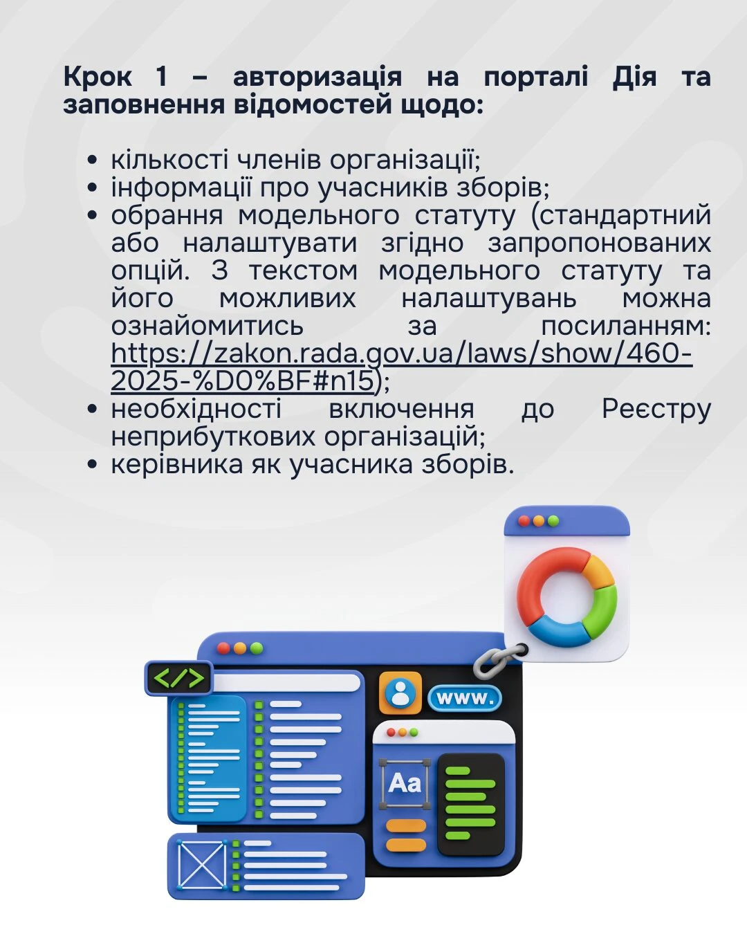 Перехід до діяльності за модельним статутом для ГО онлайн (інфографіка)