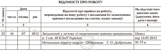Запис про звільнення в трудовій книжці Запис про звільнення в трудовій книжці