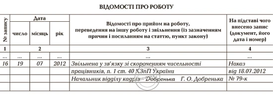Запис про звільнення в трудовій книжці Запис про звільнення в трудовій книжці