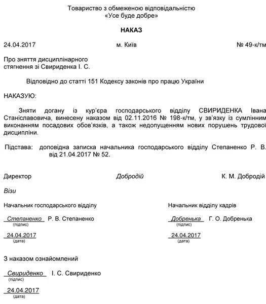 Зразок наказу про скасування догани
