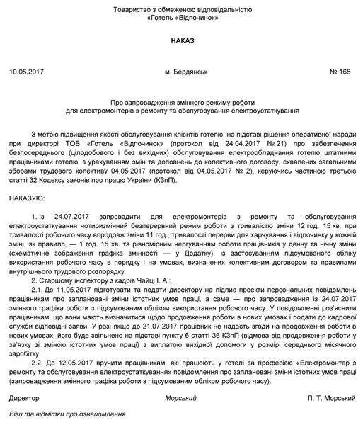 Зразок наказу про зміну істотних умов праці
