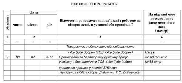 Запис до трудової книжки про заохочення