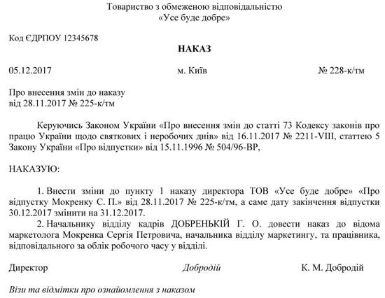 Наказ про внесення змін до наказу про відпустку, на період якої припадає 25 грудня Наказ про внесення змін до наказу про відпустку, на період якої припадає 25 грудня