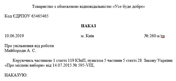 Вибори в ОТГ 30 червня 2019 року. Що варто знати кадровику Наказ про увільнення від роботи працівника — члена виборчої комісії на безплатній основі Зразок