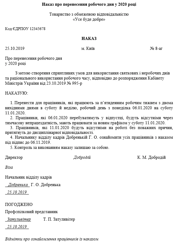 Зразок наказу про перенесення робочих днів наказ про перенесення робочих днів зразок